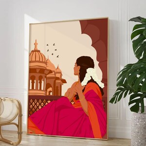 Traditional Indian Woman Art, Gajra Art, Tamil Girl Wall Art, Desi Brown Girl Art, Indian Art Print, South Asian Art Digital Download image 5
