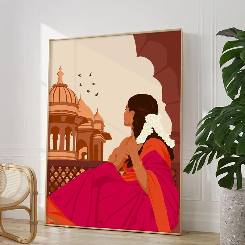 Traditional Indian Woman Art, Gajra Art, Tamil Girl Wall Art, Desi Brown Girl Art, Indian Art Print, South Asian Art Digital Download image 5