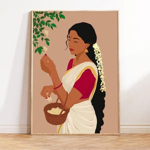 South Asian Woman Illustration, Desi Art, Brown Girl Portrait, Modern Woman in Saree Art, South Indian, Tamil Girl, Indian Woman Wall Art