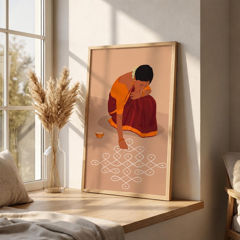 Rangoli Kolam väggkonst, indisk kvinna sari-konst, Pooja rumsdekor (digital nedladdning) bild 2