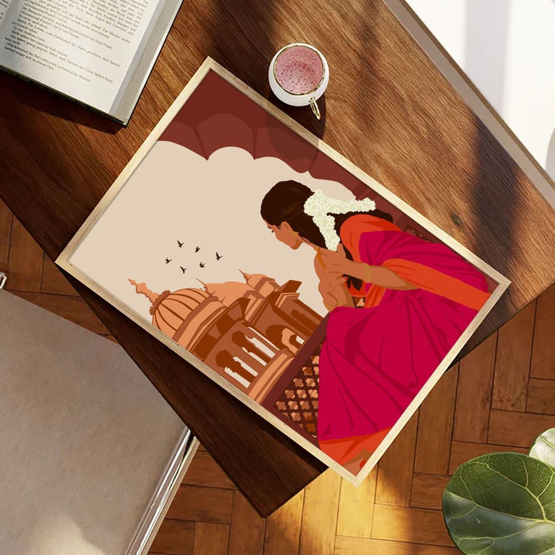 Traditional Indian Woman Art, Gajra Art, Tamil Girl Wall Art, Desi Brown Girl Art, Indian Art Print, South Asian Art Digital Download image 3