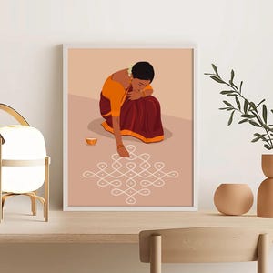 Rangoli Kolam väggkonst, indisk kvinna sari-konst, Pooja rumsdekor (digital nedladdning) bild 5