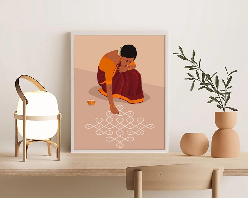 Rangoli Kolam väggkonst, indisk kvinna sari-konst, Pooja rumsdekor (digital nedladdning) bild 5