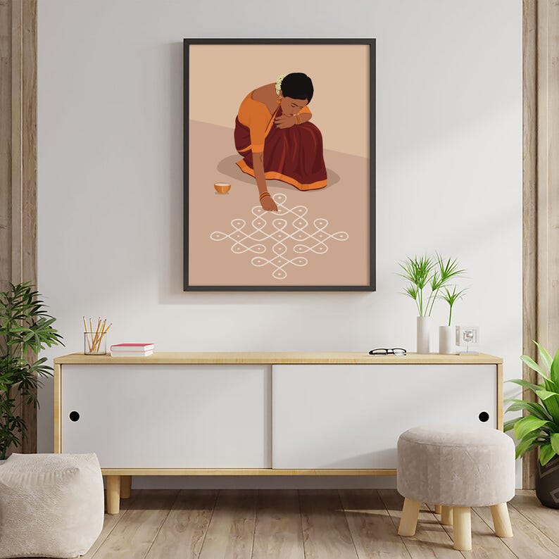 Rangoli Kolam väggkonst, indisk kvinna sari-konst, Pooja rumsdekor (digital nedladdning) bild 6