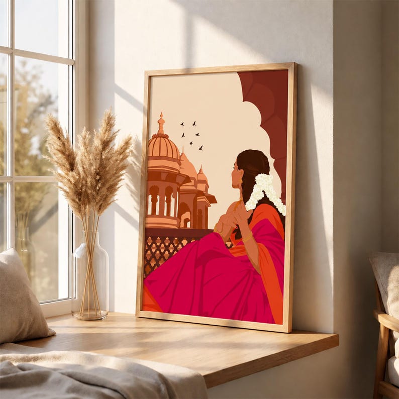 Traditional Indian Woman Art, Gajra Art, Tamil Girl Wall Art, Desi Brown Girl Art, Indian Art Print, South Asian Art Digital Download image 2