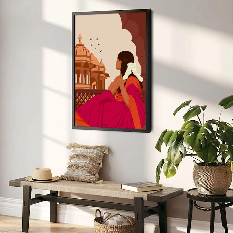 Traditional Indian Woman Art, Gajra Art, Tamil Girl Wall Art, Desi Brown Girl Art, Indian Art Print, South Asian Art Digital Download image 6