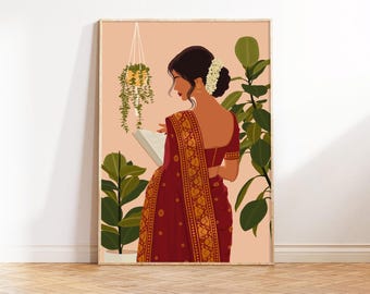 Indisk kvinna som läser konsttryck: Desi Boho väggdekor (digital nedladdning)