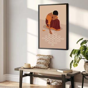 Rangoli Kolam väggkonst, indisk kvinna sari-konst, Pooja rumsdekor (digital nedladdning) bild 4