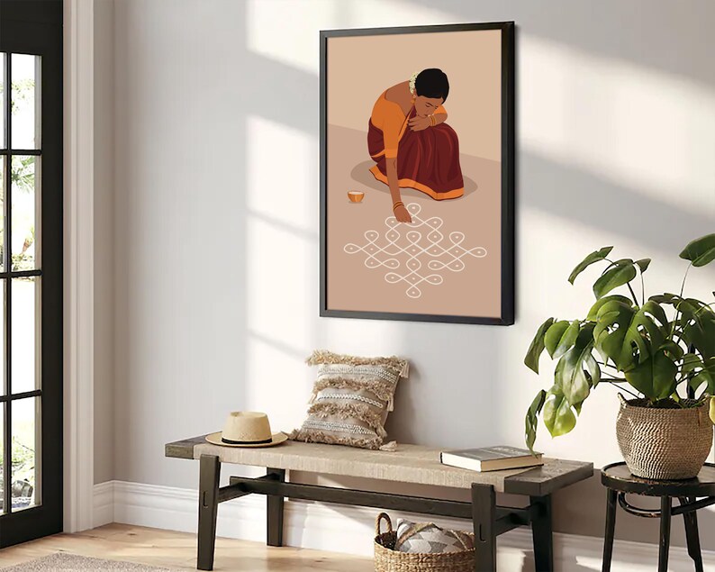 Rangoli Kolam väggkonst, indisk kvinna sari-konst, Pooja rumsdekor (digital nedladdning) bild 4