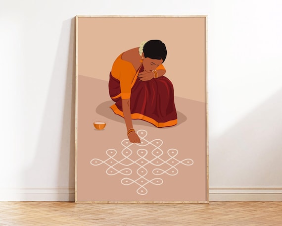 Rangoli Kolam Wall Art, Indian Woman Saree Art, Pooja Room Decor (Digital Download)