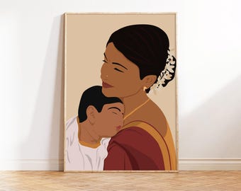 South Asian Mother and Child Art Print: Desi Mom Gift (Digital Download)