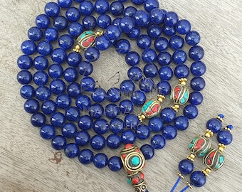 Tibetan lapis lazuli 108 mala bead lapis lazuli mala with inlaid brass counter bead lapis mantra mala