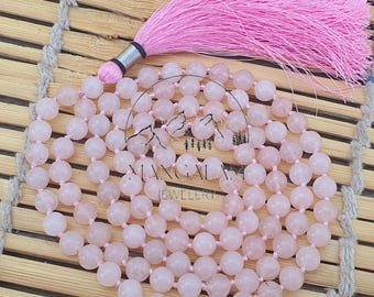Rose Quartz Mala Necklace: Hand-Knotted 108 Bead Meditation Japa Mala