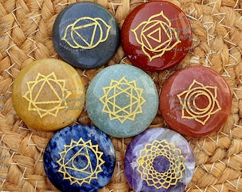 Seven 7 chakra stones set , rainbow chakra engraved stone disc set, chakras set, healing chakra stones, chakra crystal set
