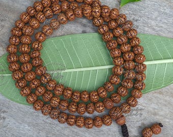 108 natural aged brown rudraksha seed mala prayer beads, sacred rudraksha japa mala, meditation mala rosary, buddhist mala