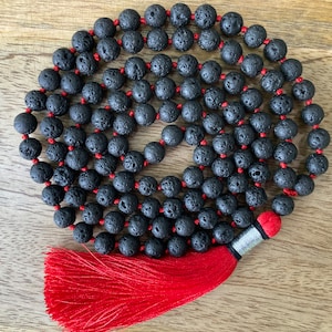Lava Stone Bead Mala, Shani Mala, Hand knotted sandalwood Mala, Meditation & Japa Mala, Gift for Yoga Lover, Paryer Bead mala.