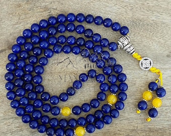Mala tibetana de lapislázuli de 108 cuentas, mala de lapislázuli de 10 mm con contracuenta de jade amarillo, mala de mantra de lapislázuli