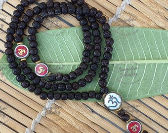 108 natural aged dark black rudraksha seed mala with tibetan om guru bead prayer beads, sacred rudraksha japa mala, buddhist mala