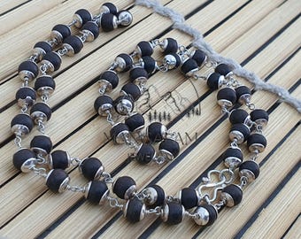Handmade Karungali Ebony Wood Mala Necklace, 108 Beads, White Metal Accents