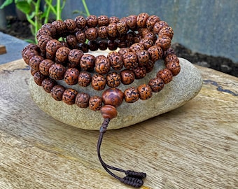 108 natural aged dark brown rudraksha seed mala prayer beads, sacred rudraksha japa mala, meditation mala rosary, buddhist mala