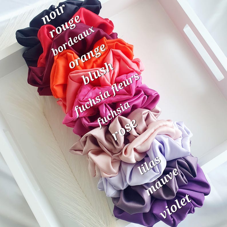 Puede incluir: Una pila de 10 scrunchies de sat&eacute;n de colores en varios tonos de rojo, rosa, morado y azul. Los scrunchies est&aacute;n etiquetados con sus nombres de colores en franc&eacute;s: noir, rouge, bordeaux, orange, blush, fuchsia fleurs, fuchsia, rose, lilas, mauve y violet.