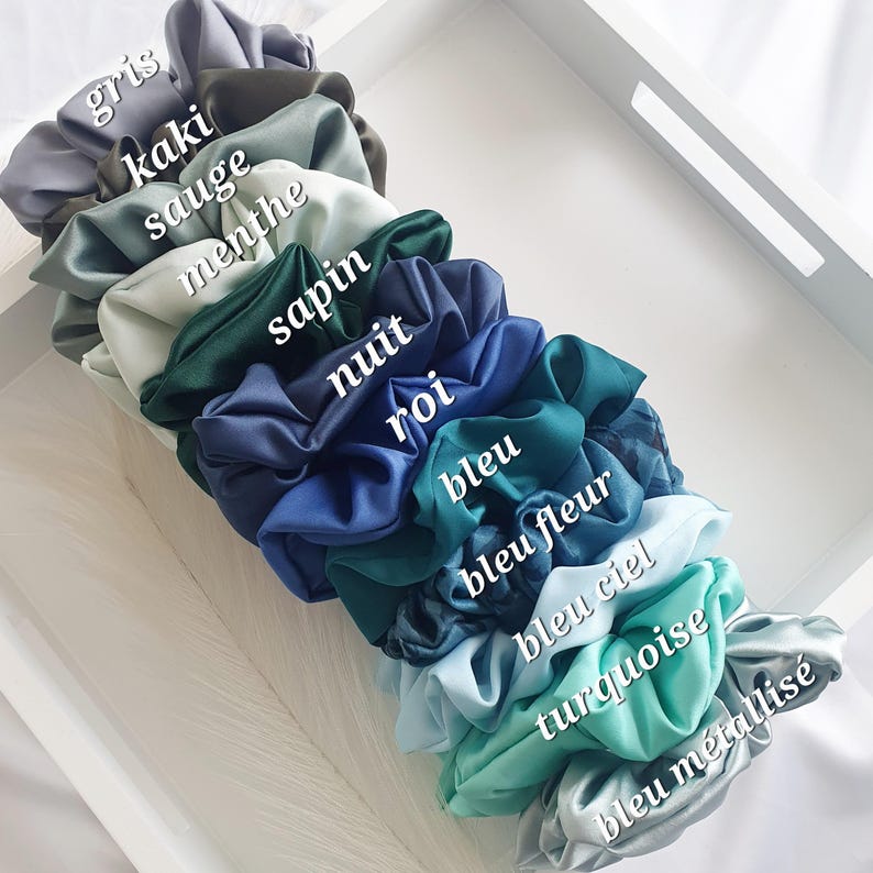 Puede incluir: Una pila de 12 scrunchies de sat&eacute;n de colores en tonos de azul, verde y gris. Los scrunchies est&aacute;n etiquetados con palabras francesas que describen sus colores, incluyendo "gris", "kaki", "sauge", "menthe", "sapin", "nuit", "roi", "bleu", "bleu fleur", "bleu ciel", "turquesa" y "bleu metalizado".