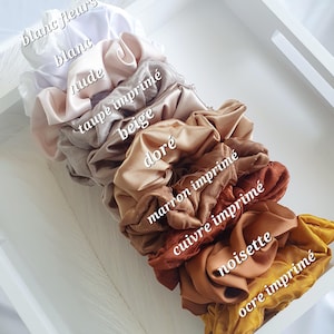 Puede incluir: Un conjunto de ocho scrunchies de sat&eacute;n en varios tonos de marr&oacute;n, beige y blanco. Los scrunchies est&aacute;n etiquetados con sus colores en franc&eacute;s, incluyendo "blanc", "nude", "taupe", "beige", "dor&eacute;", "marron", "cuivre", "noisette" y "ocre".