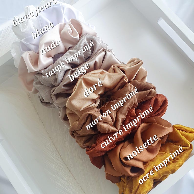 Puede incluir: Un conjunto de ocho scrunchies de sat&eacute;n en varios tonos de marr&oacute;n, beige y blanco. Los scrunchies est&aacute;n etiquetados con sus colores en franc&eacute;s, incluyendo "blanc", "nude", "taupe", "beige", "dor&eacute;", "marron", "cuivre", "noisette" y "ocre".