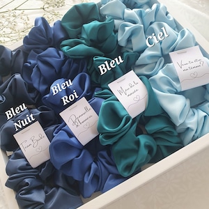 Puede incluir: Surtido de scrunchies de sat&eacute;n azul y turquesa con varias frases francesas escritas en tarjetas, incluyendo "Bleu Nuit", "Bleu Roi", "Bleu", "Ciel", "Demoiselle d'honneur", "M&egrave;re de la mari&eacute;e" y "Veux-tu &ecirc;tre ma t&eacute;moin?"