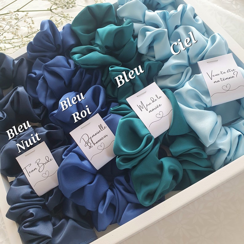 Puede incluir: Surtido de scrunchies de sat&eacute;n azul y turquesa con varias frases francesas escritas en tarjetas, incluyendo "Bleu Nuit", "Bleu Roi", "Bleu", "Ciel", "Demoiselle d'honneur", "M&egrave;re de la mari&eacute;e" y "Veux-tu &ecirc;tre ma t&eacute;moin?"
