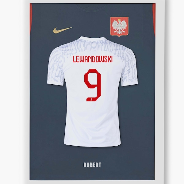 Lewandowski Poland jersey, photorealistic thermal printing, football legends, high resolution, various dimensions, gift