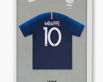 Kylian Mbappe jersey, photorealistic thermal printing, football legends, high resolution, various dimensions, gift