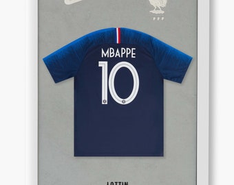 Kylian Mbappe jersey, photorealistic thermal print, football legends, high resolution, various sizes, gift