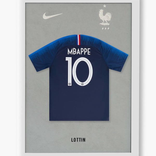 Kylian Mbappe jersey, photorealistic thermal printing, football legends, high resolution, various dimensions, gift