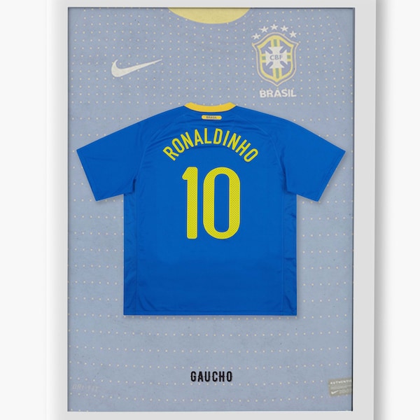 Ronaldinho Brasilien Trikot, Foto Poster, Thermodruck, Fussball Legenden, Hohe Auflösung, verschiedene Maße, Geschenk