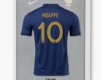 Kylian Mbappe France jersey, photorealistic thermal print, football legends, high resolution, various sizes, gift