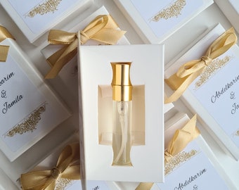 Perfume favors, spray bottle filled with perfume from well-known brands. Wedding favors, festive favors. Spray perfume