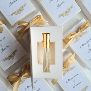Parfumbedankjes, sprayfles in doos met dupe parfum. Trouwbedankjes, feestelijke bedankjes. Sprayparfum