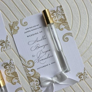 Perfume con botella de spray de 10 ml, con perfume duplicado en una tarjeta de invitación.