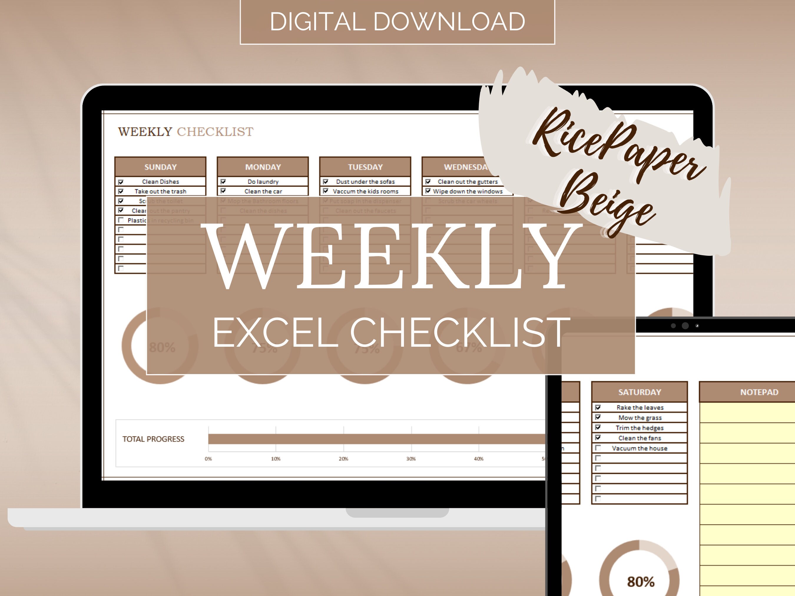 Weekly Digital Checklist in Beige for Excel Spreadsheet Etsy
