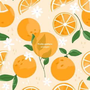 May include: A seamless pattern featuring orange slices, whole oranges, and white flowers on a light orange background. The text "Fruity pattern oranges" is in the center of the design.