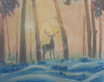 Opera d'arte originale, dipinto a olio su tela, cervo, alba, natura, neve, foresta, inverno, 18" - 24"