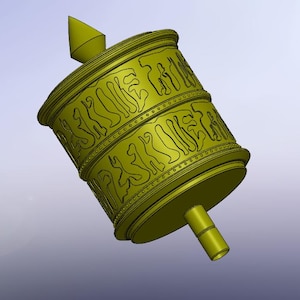 May include: A gold-colored prayer wheel with intricate carvings and text. The wheel is mounted on a stand and has a handle for spinning.