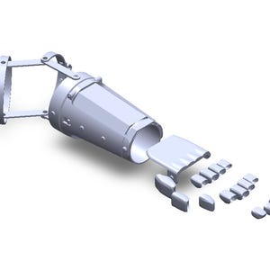 May include: A silver prosthetic arm with a hinged elbow and a detachable hand. The hand is made up of multiple pieces, including a palm and individual finger segments.