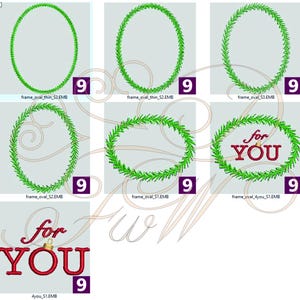 Könnte beinhalten: Sechs Stickmuster mit einem grünen Kranz mit einem roten "for you"-Text in der Mitte. Die Designs sind in verschiedenen Größen und Stilen, darunter ein dünner Kranz, ein dicker Kranz und ein Kranz mit einer Krone auf dem "for you"-Text.