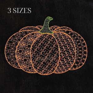 May include: An orange embroidered pumpkin with a green stem on a black background. The pumpkin is made of intricate patterns. The text "3 SIZES" is at the top left.