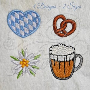 May include: Embroidered patches featuring Bavarian designs: a blue and white heart, a pretzel, an edelweiss flower, and a beer stein. The text "4 Designs - 2 Sizes" is above the designs. The patches are on a white background.