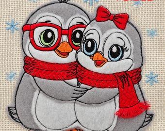 2 cuddly penguins applique embroidery file "Forgive me Christmas" 4 sizes, two penguins embroidery application, 4 sizes