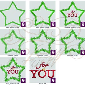 Könnte beinhalten: Neun Stickmuster mit einem grünen sternförmigen Rahmen in verschiedenen Variationen. Einige Designs beinhalten den Text "for YOU" in roten Buchstaben. Die Designs sind perfekt, um personalisierte Geschenke zu erstellen oder Ihren Projekten eine festliche Note zu verleihen.