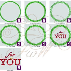 May include: A set of nine embroidery designs featuring a green wreath with the words "for you" in red. The designs are perfect for creating personalized gifts or adding a touch of festive cheer to your projects.